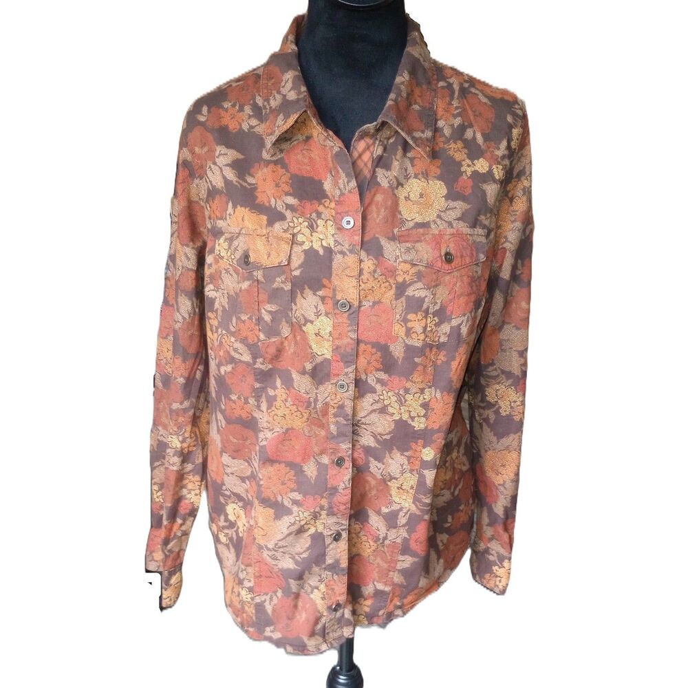 Christopher & Banks Womens L Brown/ Rust Orange Floral Button Up Long Sleeve Top